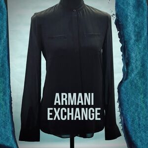 Armani Exchange Black Organza Lined Blouse Mandarin Collar XS